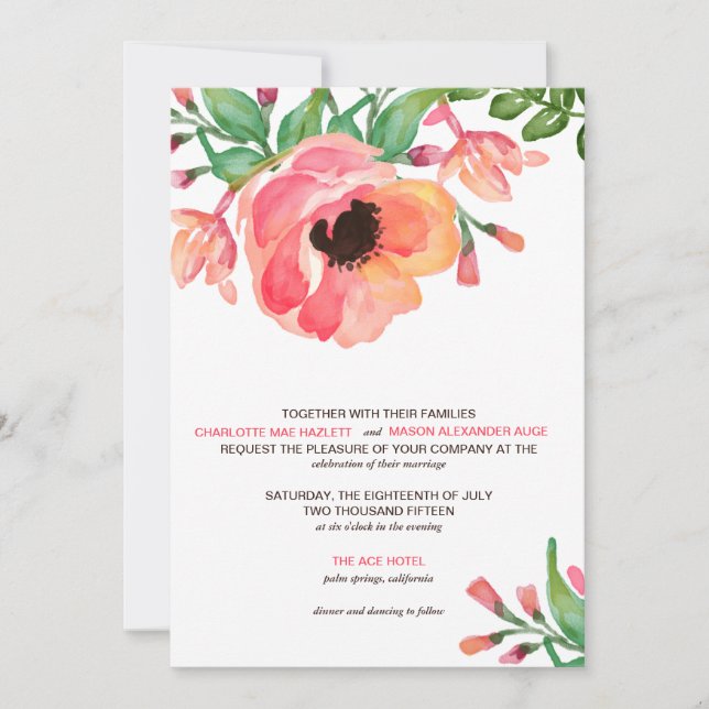 Faire-part de mariage FLORAL d'AQUARELLE MODERNE (Devant)