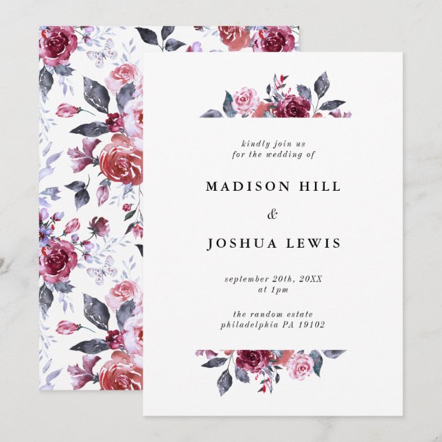 Faire-part de mariage floral de Burgundy Fall (Devant / Derrière)