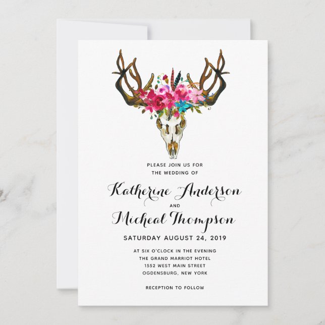 Faire-part de mariage floral de Deer Head (Devant)