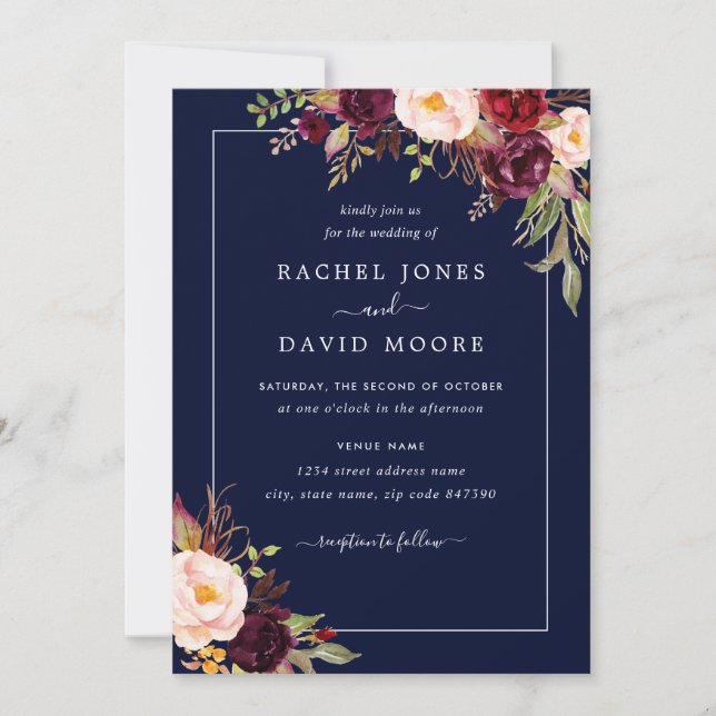 Faire-part de mariage floral de la marine moderne (Devant)