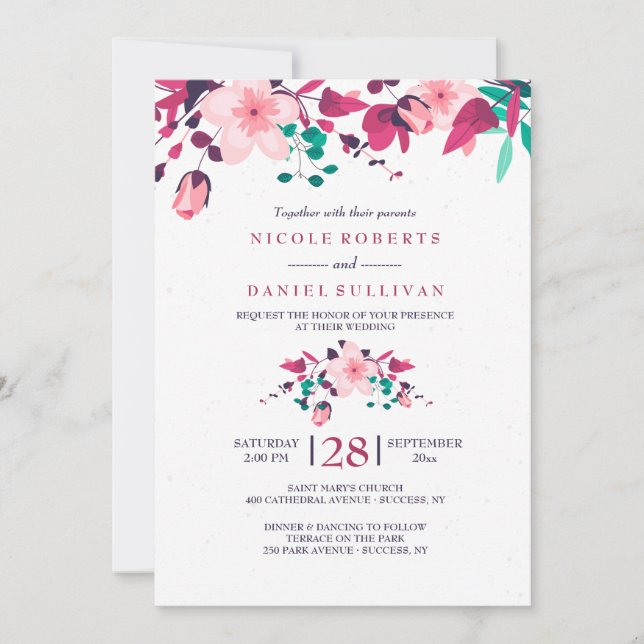 Faire-part de mariage floral d'inspiration rose (Devant)