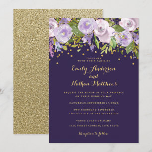 Faire-part de mariage floral doré et violet étince