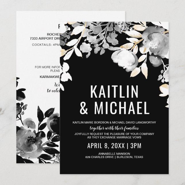 Faire-part de mariage Floral du soir (Noir & Or) (Devant / Derrière)