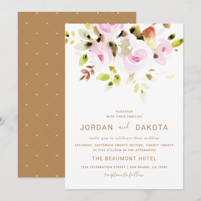 Faire-part de mariage floral élégant d'aquarelle (Devant / Derrière)