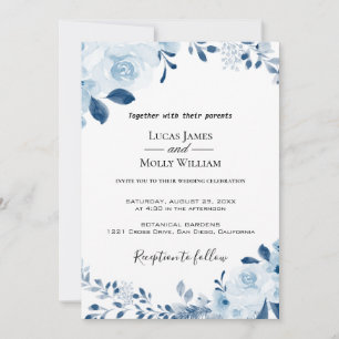 Faire-part de mariage floral français bleu moderne