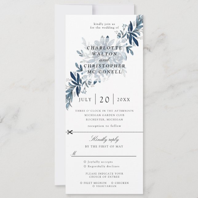 faire-part de mariage floral indigo avec carte-rép (Devant)