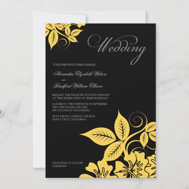 Faire-part de mariage floral jaune/noir moderne (Devant)