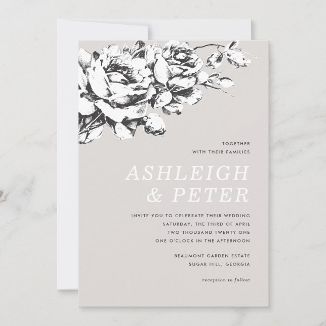 Faire-Part de Mariage Floral La Vie en Rose - Gris (Devant)