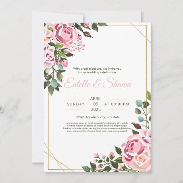 Faire-part de mariage floral, Mariage rose romanti (Devant)