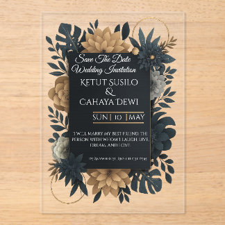 Faire-part de mariage floral moderne or et marine