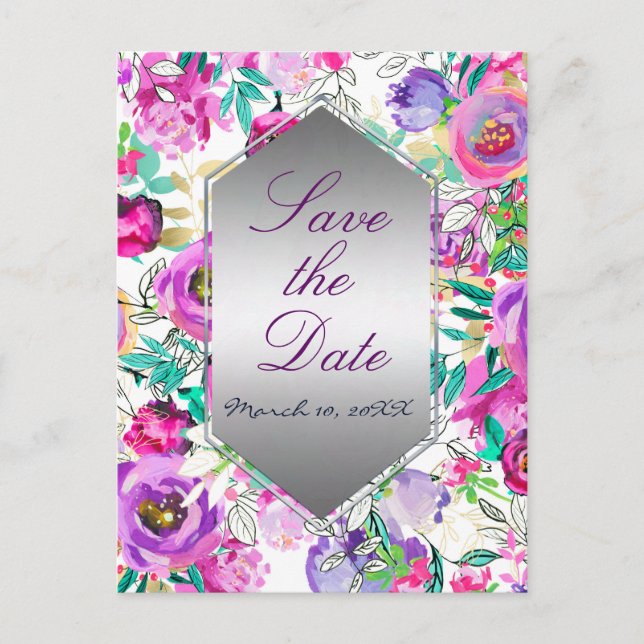 Faire-part de mariage floral moderne rose violet (Devant)