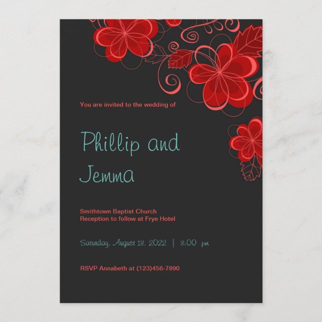 Faire-part de mariage floral noir et rouge rétro (Devant)
