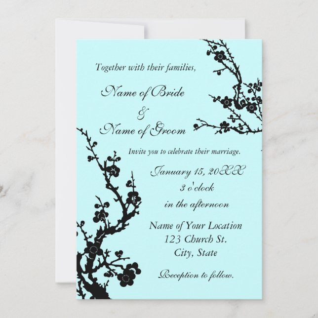 Faire-part de mariage floral noir et turquoise (Devant)