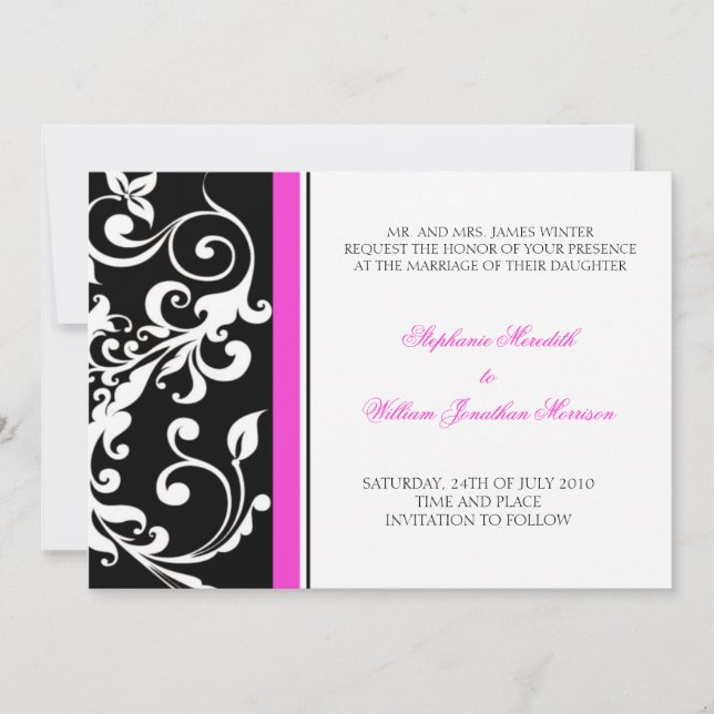Faire-part de mariage - Floral - Noir/Rose (Devant)