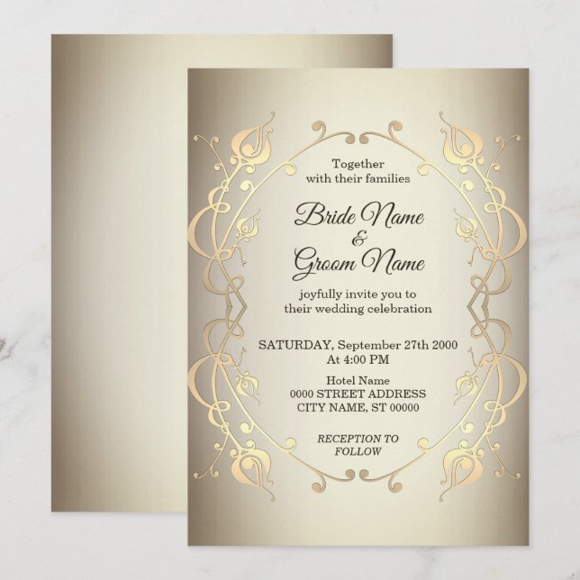 Faire-part de mariage floral or beige élégant (Devant / Derrière)