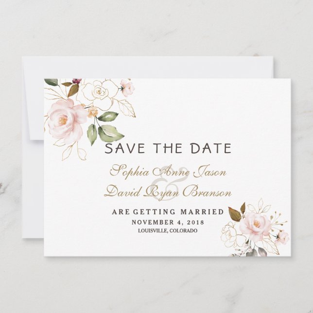 Faire-part de mariage floral or rose blush à perso (Devant)