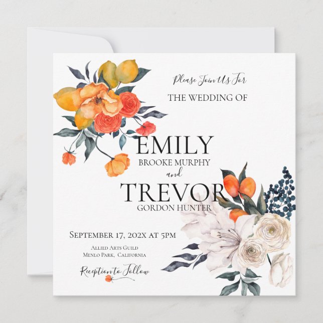 Faire-part de mariage floral orange et blanc (Devant)