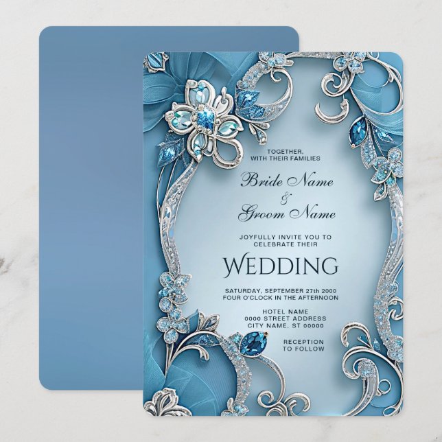 Faire-part de mariage Floral Orné Bleu (Devant / Derrière)