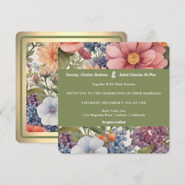 Faire-part de mariage floral peint en douceur (Devant / Derrière)