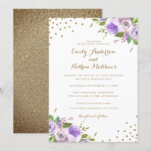 Faire-part de mariage floral pourpre de confettis