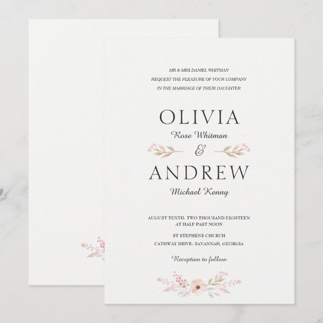 Faire-part de mariage floral romantique et élégant (Devant / Derrière)