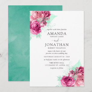 Faire-part de mariage floral rose et menthe