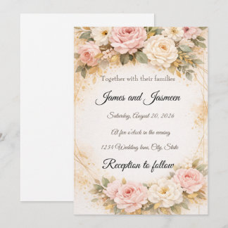 Faire-part de mariage floral rose et or élégant