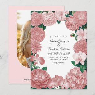 Faire-part de mariage floral rose poudré avec phot