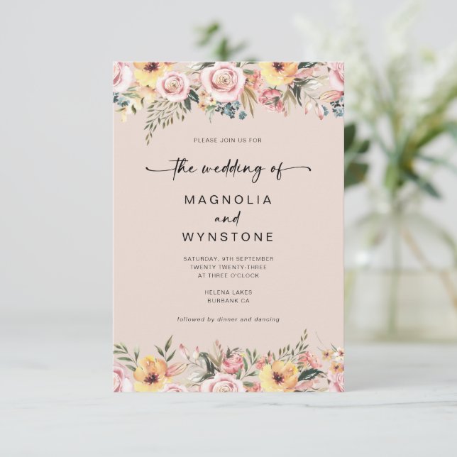 Faire-part de mariage floral rose poussiéreux (Debout devant)