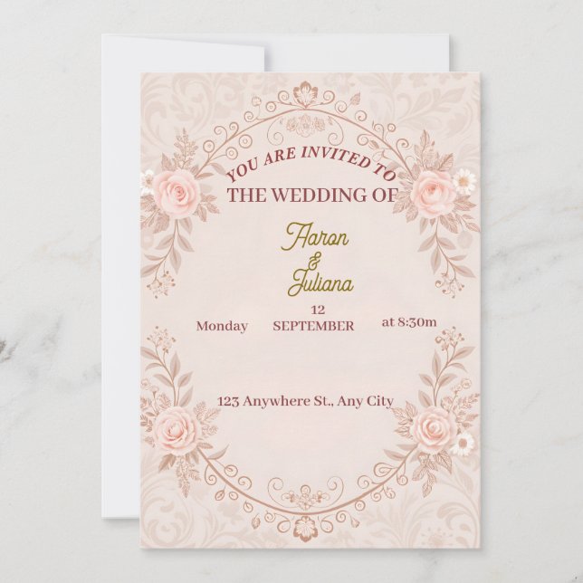 Faire-part de mariage floral rose rose romantique (Devant)
