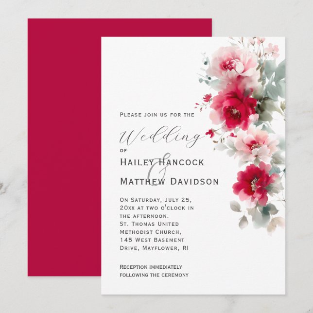 Faire-part de mariage floral rose rouge et rose (Devant / Derrière)