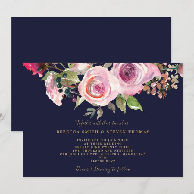 faire-part de mariage floral rose violet marine (Devant / Derrière)