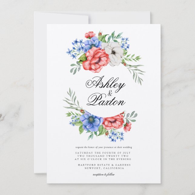 Faire-part de mariage floral rouge, blanc et bleu (Devant)