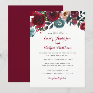 Faire-part de mariage floral rouge Bourgogne pour