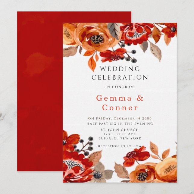 Faire-part de mariage floral rouge foncé et orange (Devant / Derrière)