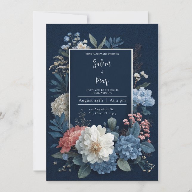 Faire-part de mariage Floral Rustique bleu marine (Devant)