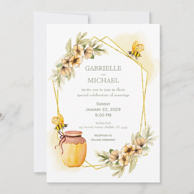 Faire-part de mariage floral rustique d'abeille (Devant)