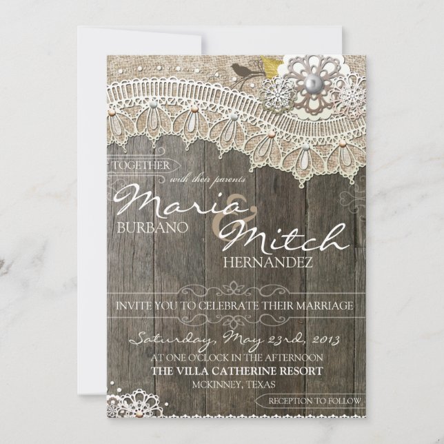 Faire-part de mariage floral rustique en bois et d (Devant)