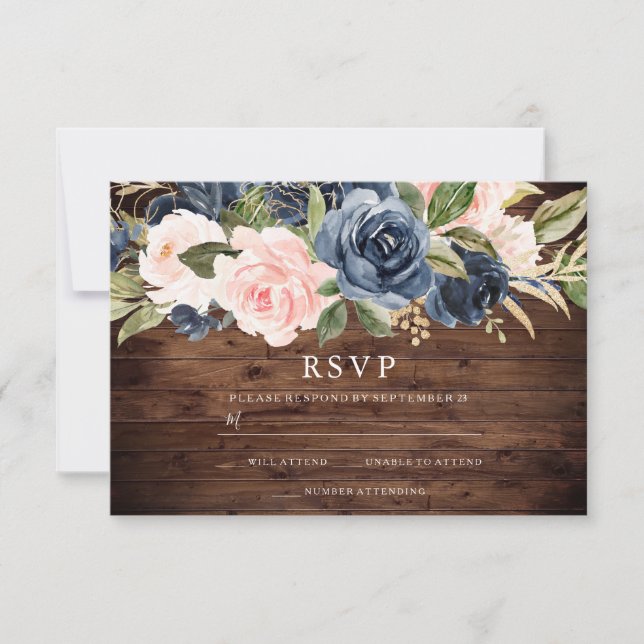 Faire-part de mariage floral rustique rose et bleu (Devant)