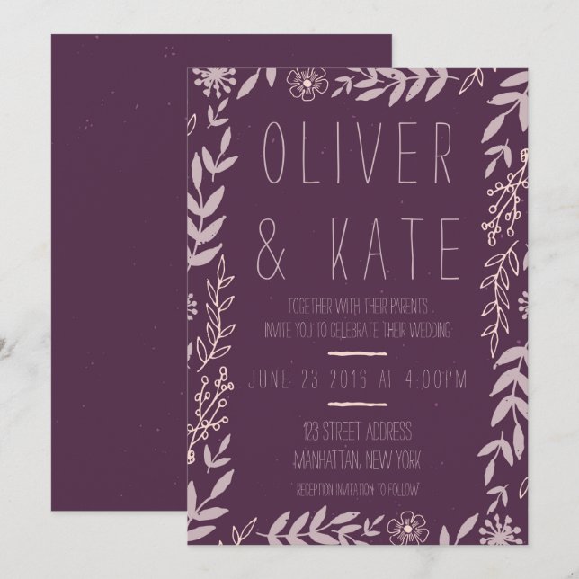 Faire-part de mariage floral rustique violet (Devant / Derrière)