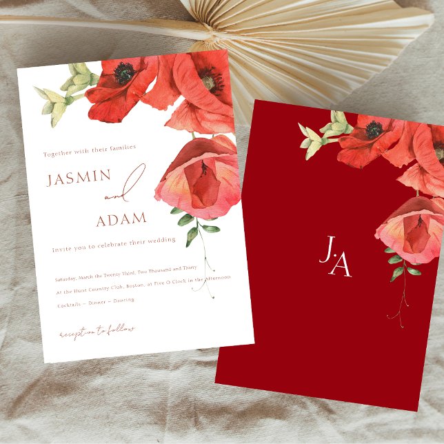 Faire-part de mariage floral simple de Pavot rouge (Simple Crimson Red Poppy Floral Wedding Invitation)