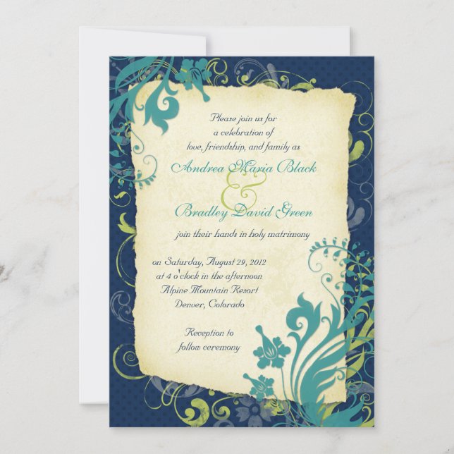 Faire-part de mariage floral Turquoise bleu marine (Devant)