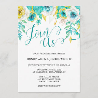 Faire-part de mariage floral turquoise d'Aqua