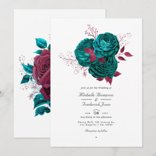 Faire-part de mariage floral turquoise et bourguig