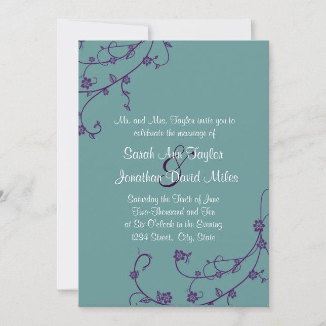 Faire-part de mariage floral Turquoise et violet (Devant)