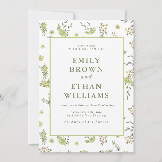 Faire-part de mariage Floral Vert (Devant)