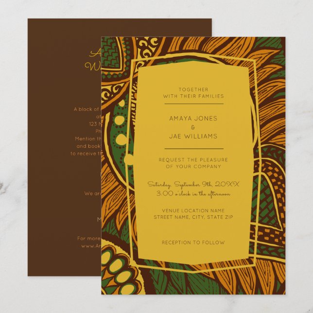 Faire-part de mariage Floral Vert Ankara d'Afrique (Devant / Derrière)