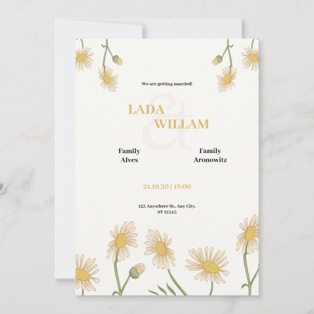 Faire-part de mariage floral vert crème et jaune (Devant)