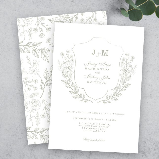 Faire-part de mariage Floral vert monogramme (Créateur téléchargé)