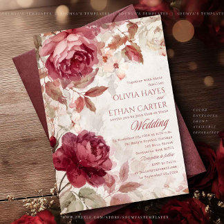 Faire-part de mariage floral vintage rouge Bourgog